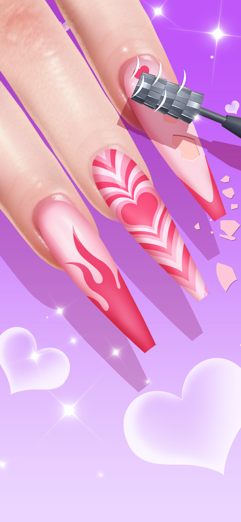 Nail Salon - Girl Art Game - 하트와 불꽃 디자인이 있는 긴 핑크색 네일을 도구로 모양을 잡는 것을 보여주는 모바일 게임 화면