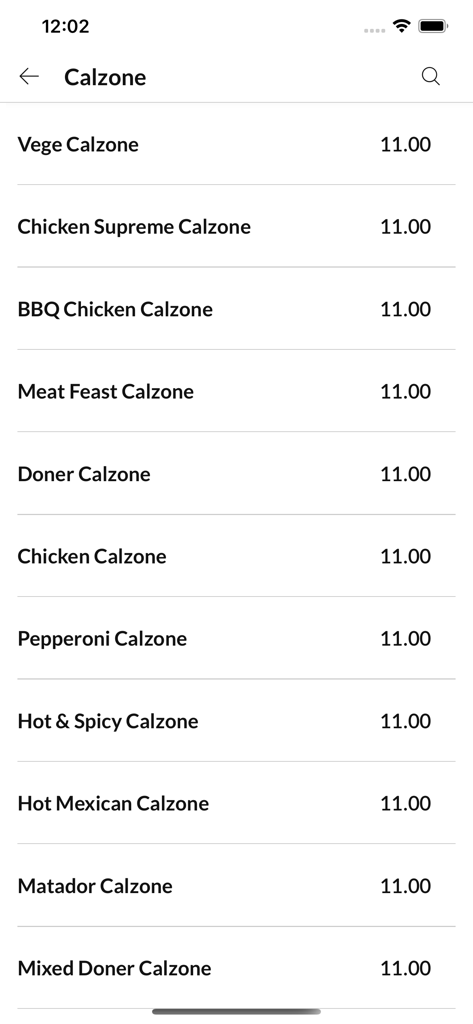 Pizza Giorgio - A list of calzone options and prices on the Pizza Giorgio mobile app menu screen