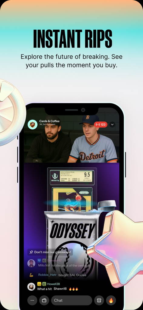 Smartphone screen displaying a live sports card break on the Fanatics Live app with a live video feed and card reveal.