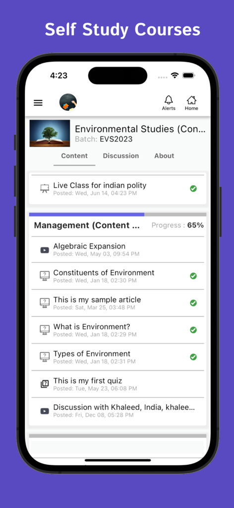 MeritHub - MeritHub mobile app showing self study courses and lesson content list with progress tracking