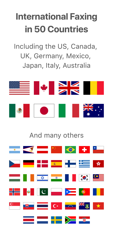 JotNot Fax - Send Receive Fax - A screen showing that JotNot Fax supports international faxing in 50 countries with a display of various national flags.