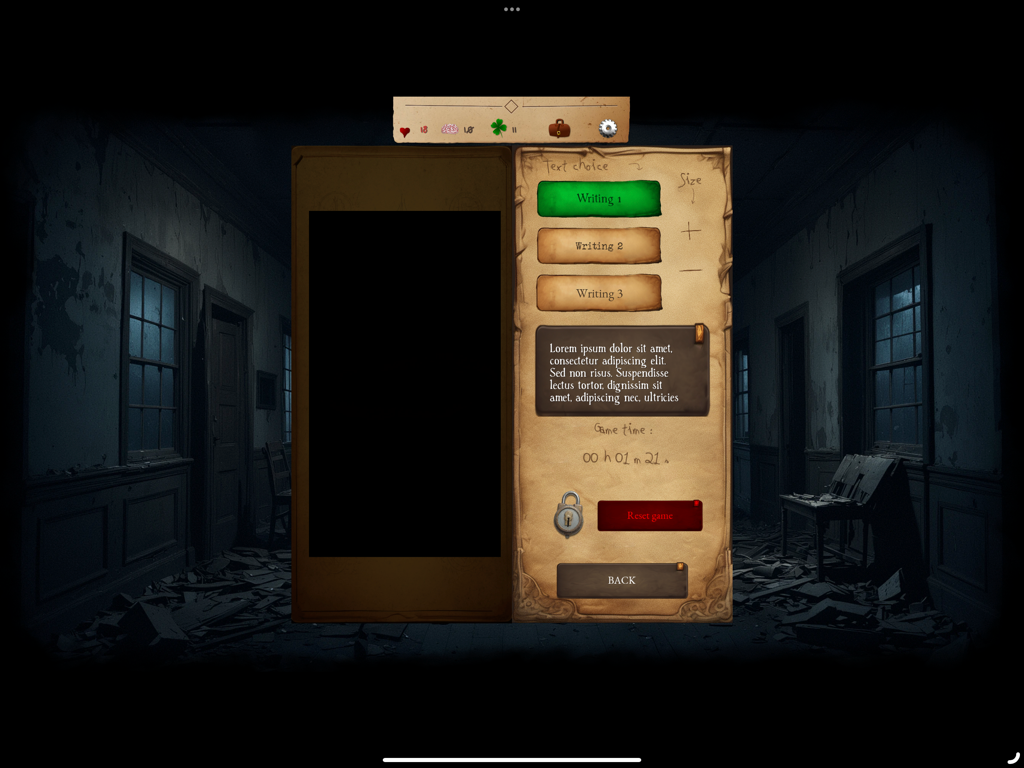 Angor : RPG - Game settings menu in Angor RPG showing text customization and player stats on a parchment interface