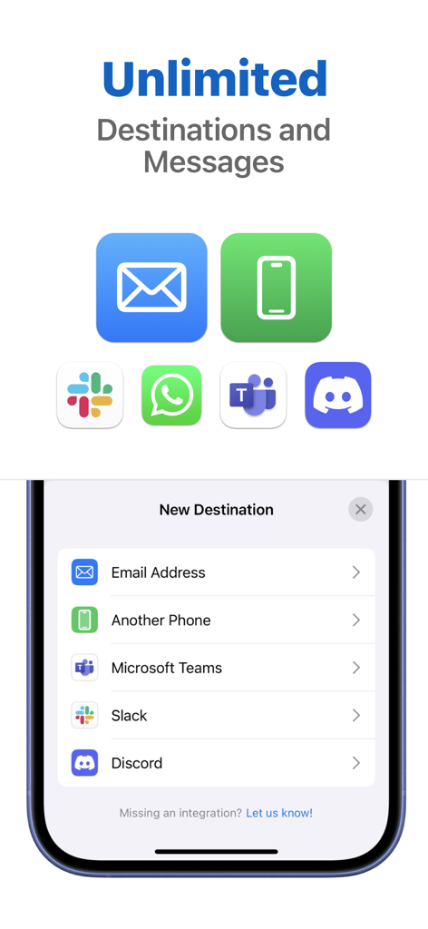 SMS Forwarder app screen showing multiple destination options including Email Slack Discord and Microsoft Teams