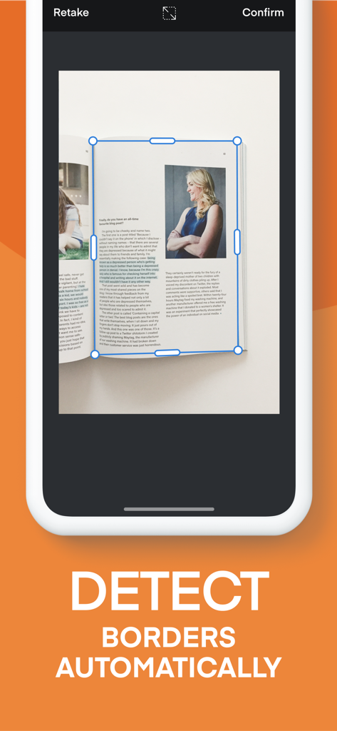 Smartphone screen showing the Scanner Vault app automatically detecting the borders of a magazine page during a scan.
