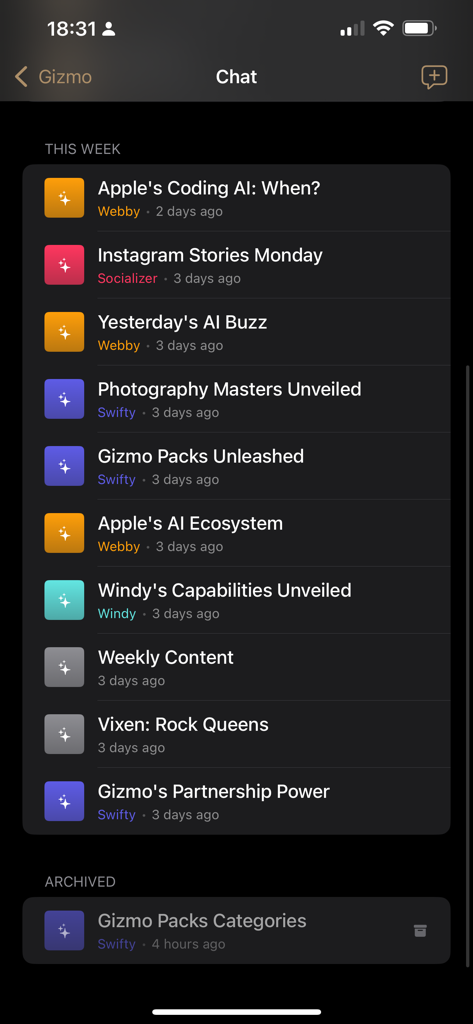 Interfaz que muestra una lista de conversaciones de chat de IA categorizadas en la aplicación Gizmo by Bluewaves.