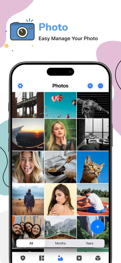 Smartphone screen showing an organized photo grid in the Gallery Photo Vault app.