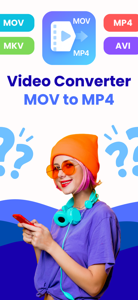 MOV to MP4 Video Converterアプリのインターフェース。MOV、MP4、MKV、AVIなどのさまざまなビデオフォーマットが表示されています