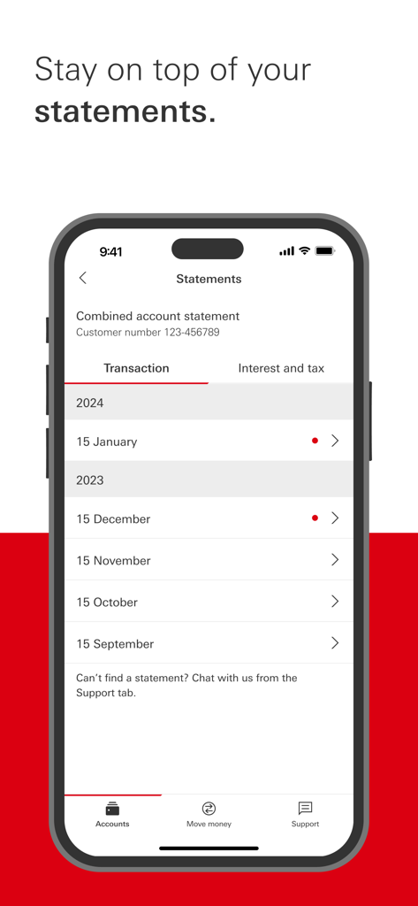 HSBC Australia - Interface de l'application mobile HSBC Australie montrant les relevés de compte et la liste de l'historique des transactions.