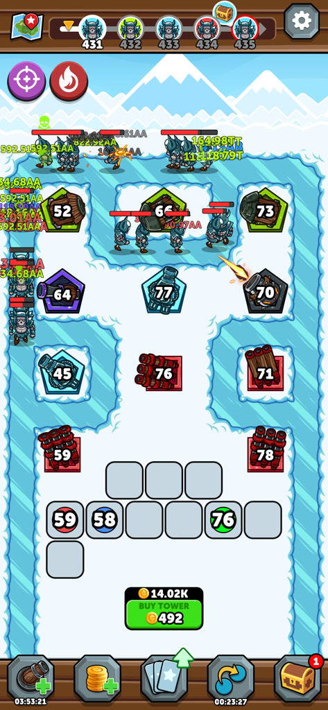 Merge Kingdoms gameplay showing towers defending against waves of enemies in a snowy environment
