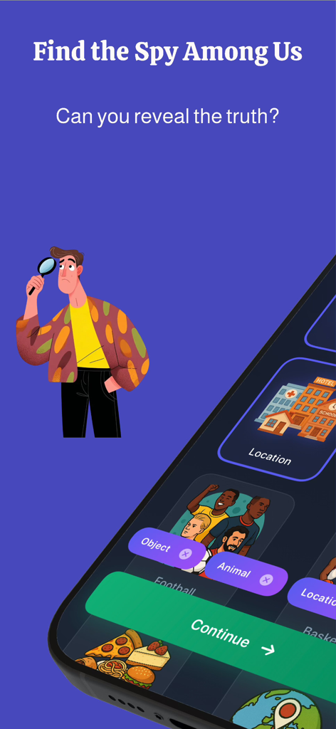 Spy Detect - Spy Detect app home screen featuring the text Find the Spy Among Us and game category options