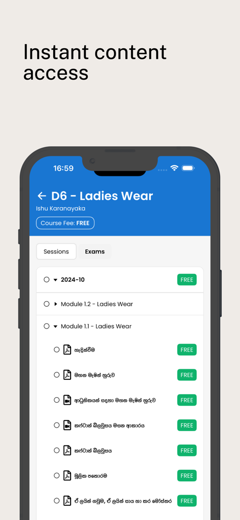Mobile Ansicht der ISH Campus App mit einem Nähkursplan für Damenbekleidung mit Video- und PDF-Lektionen.