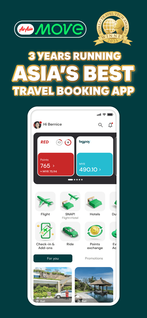 Interfaccia dell'app AirAsia MOVE che mostra opzioni di prenotazione voli e hotel con il premio per la migliore app di prenotazione viaggi dell'Asia