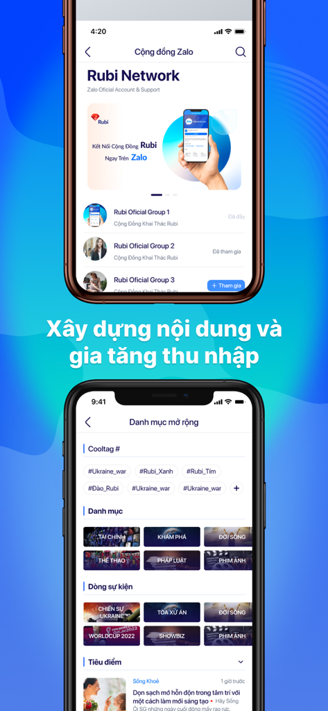 Interface of the Rubi app showing official community groups and a content category selection screen