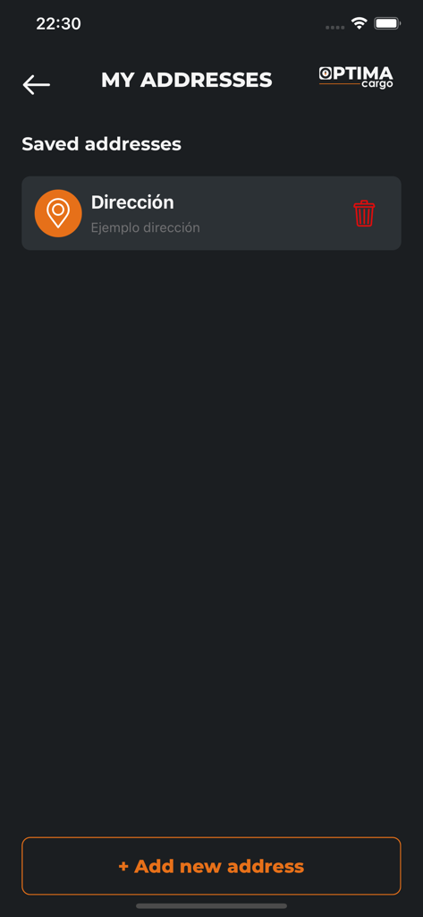 Saved addresses management screen in the Optima Cargo app