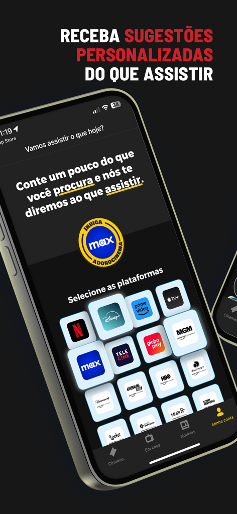 AdoroCinema - Mobile screen of the AdoroCinema app showing various streaming platform icons for personalized movie recommendations