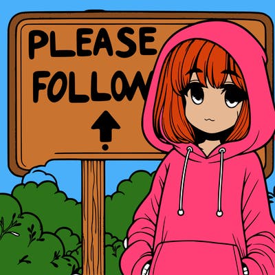 a sign that says please follow with a girl in a foggy hoody