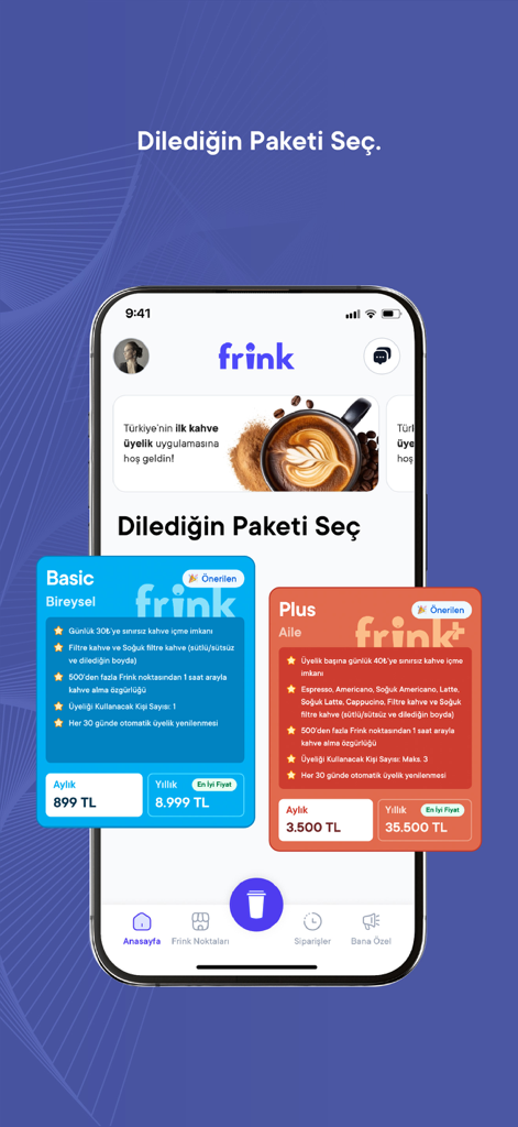 Frink - Kahve Üyeliği - Frink app interface showing Basic and Plus coffee subscription plan options with pricing details