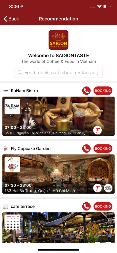 Saigon Taste - Saigon Taste app screen showing a list of recommended restaurants with booking and call buttons.