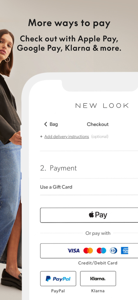 Tela de checkout do app New Look exibindo métodos de pagamento, incluindo Apple Pay, PayPal e Klarna
