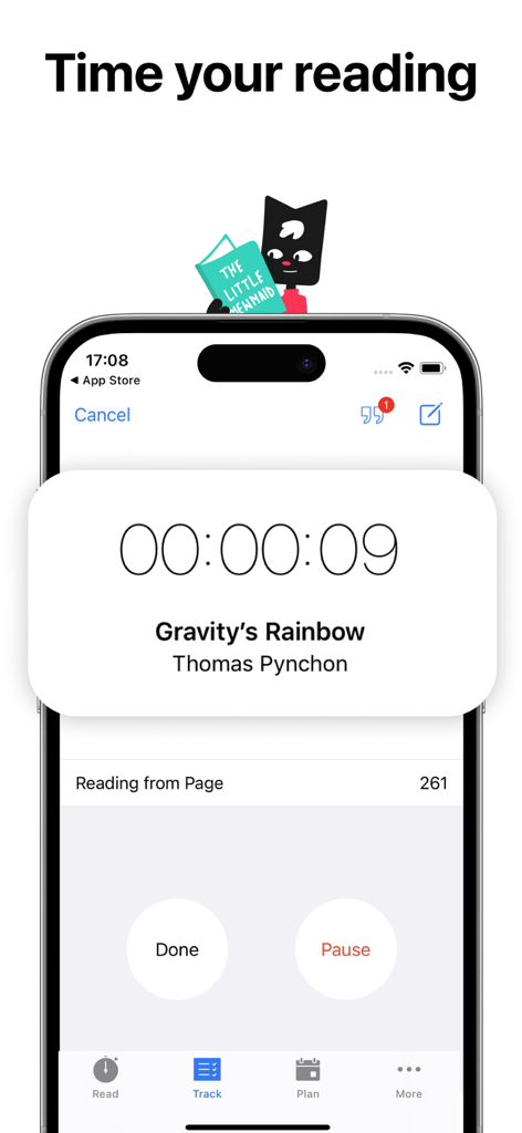 Leio - Leio app screen showing a reading session timer for the book Gravitys Rainbow by Thomas Pynchon