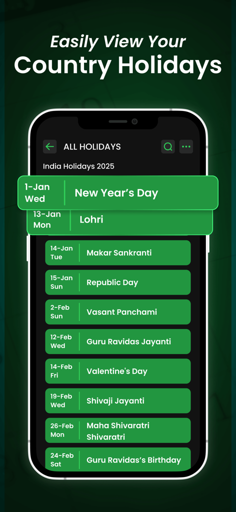 AllWorld: Holiday Calendar - A list of 2025 public holidays for India displayed in the AllWorld holiday calendar app.