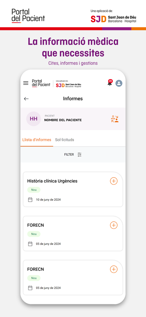 Portal Pacient SJD - Medical reports screen in the Portal Pacient SJD mobile app showing clinical history records
