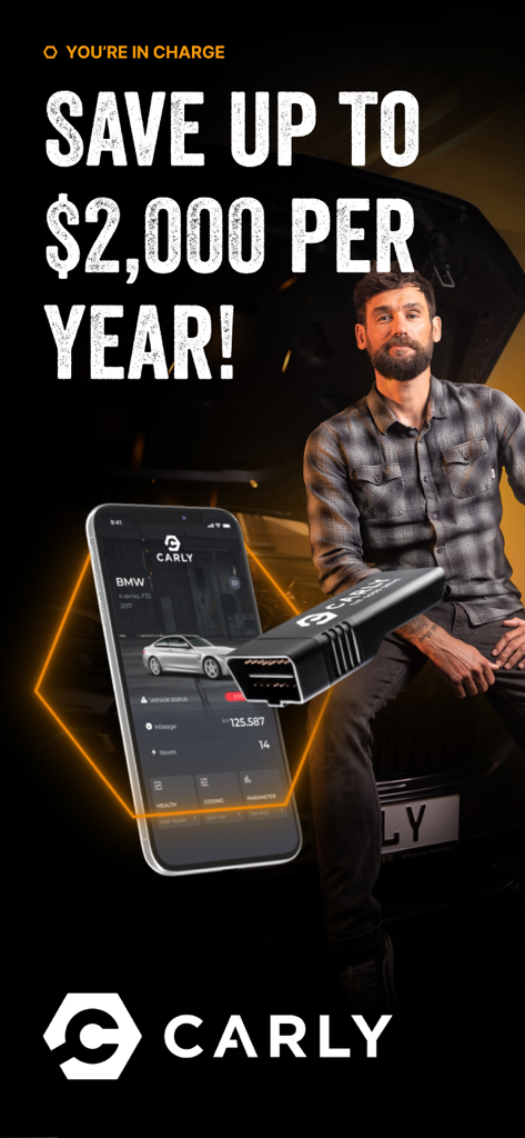 Carly — OBD2 car scanner - Scanner OBD2 Carly et application mobile montrant des outils de diagnostic automobile et une affirmation d'économies de coûts