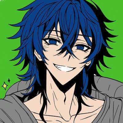 hot anime boy with long ish hair and a has a grin