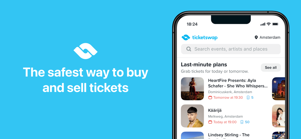 TicketSwap mobile app interface showing last minute event tickets and safe ticket exchange messaging