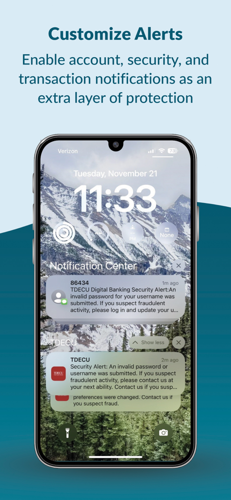 TDECU Digital Banking - Smartphone lock screen displaying TDECU digital banking security alerts and notifications