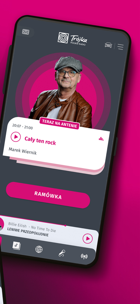 Trójka Polskie Radio - Interface of the Trojka Polskie Radio mobile app showing the current live program with Marek Wiernik