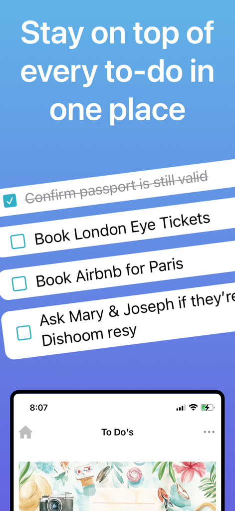 Itinerary Maker for Vacations - Lista de tareas pendientes de planificación de viajes para realizar un seguimiento de las tareas y reservas de viaje