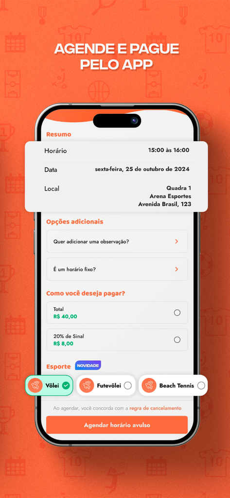 Agendei Quadras - Interface do aplicativo móvel Agendei Quadras mostrando um resumo de uma reserva de quadra esportiva e opções de pagamento.