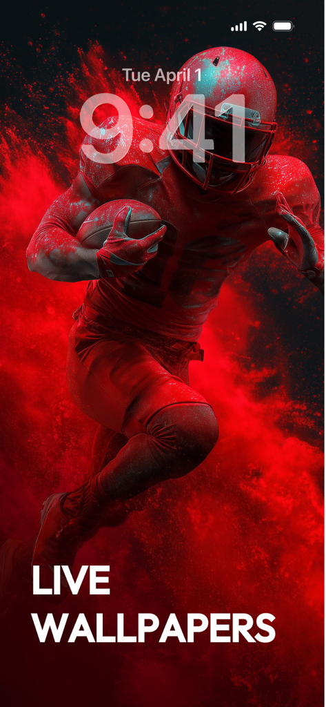 Wallpapers App for iPhone - iPhone lock screen preview showing a high energy live wallpaper of an American football player with red smoke effects