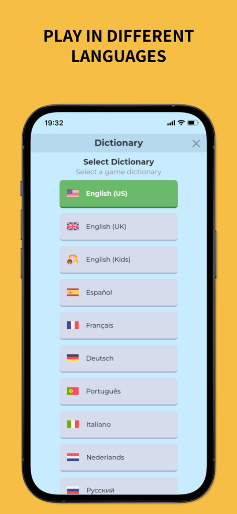 WordGrid - Guess the Word - WordGrid app screen showing multiple language dictionary options for word puzzles