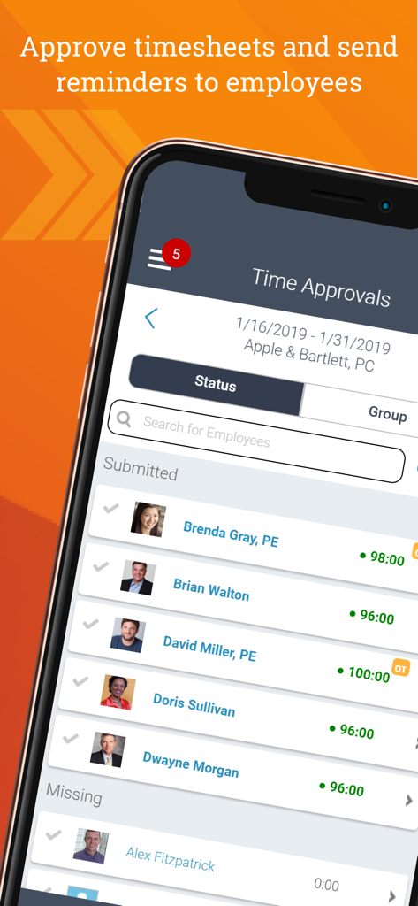 Deltek T&E for Vantagepoint - Time approvals screen in the Deltek T&E for Vantagepoint app showing a list of submitted employee timesheets and recorded hours.