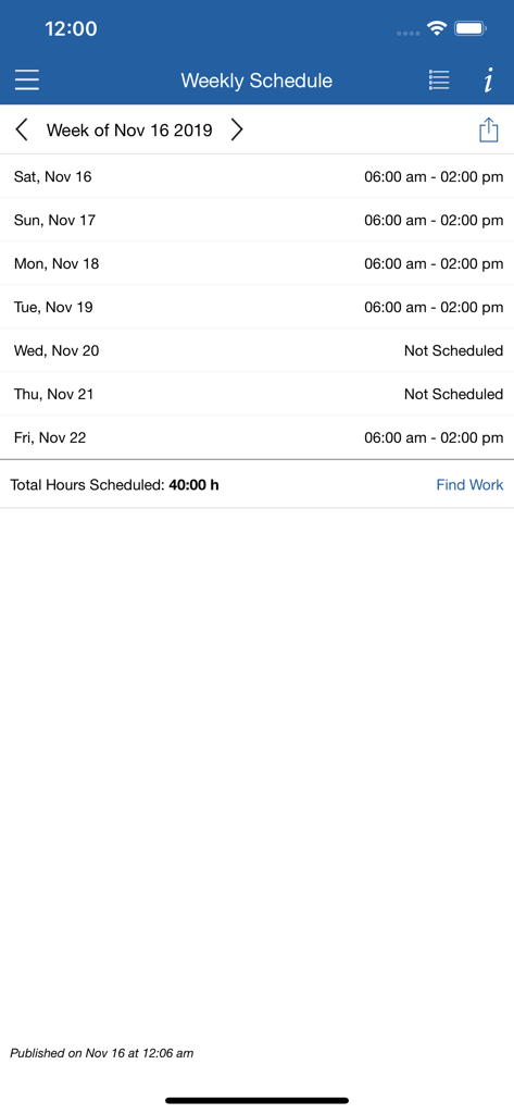 QC Time - A mobile app screen showing a weekly work schedule for QuickChek employees