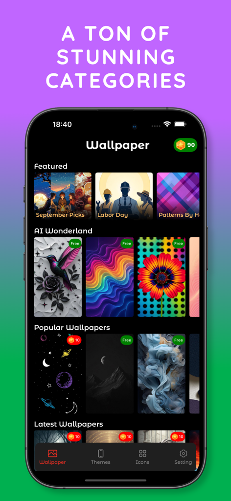 Fancy Themes: Icons & Widgets - Fancy Themes app display showing high definition wallpaper categories for iPhone home screen customization