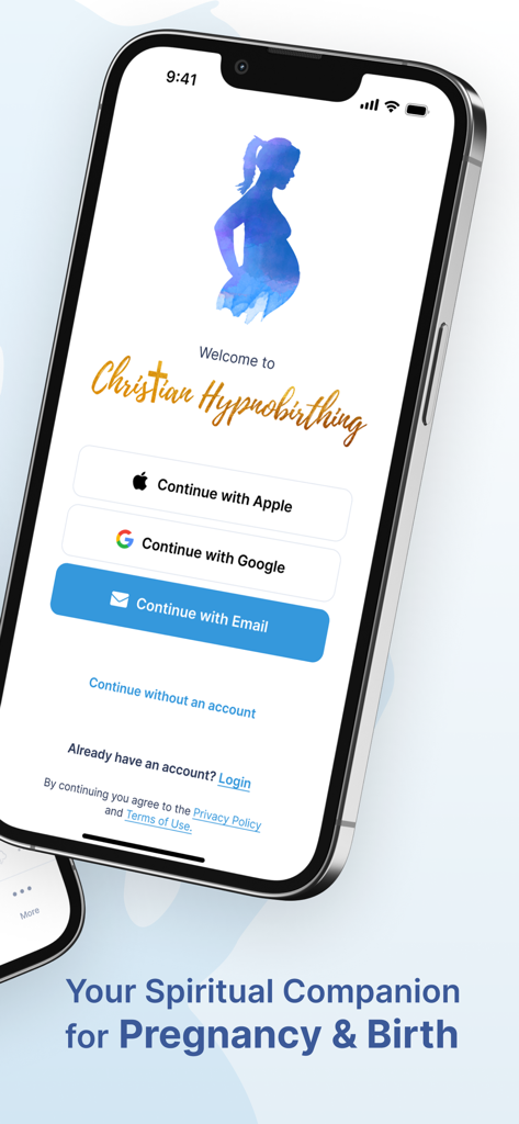Christian Hypnobirthing app welcome screen with login options and pregnancy silhouette