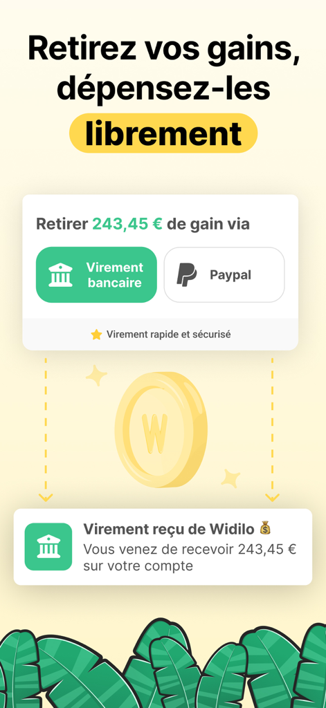 Widilo: Cashback & Codes Promo - Interface de l'application Widilo montrant les options de retrait des gains de cashback par virement bancaire ou PayPal.