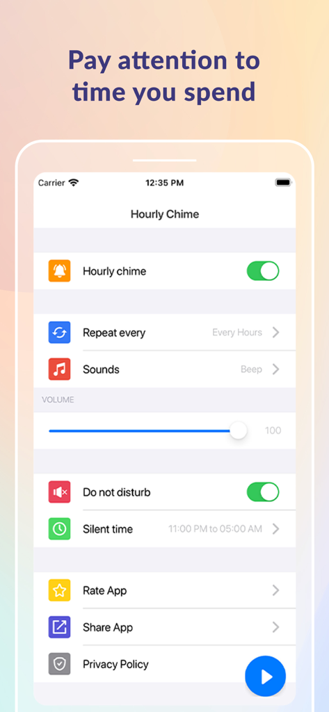 Settings screen of the Hourly Chime app showing options for hourly reminders sounds and silent time configuration