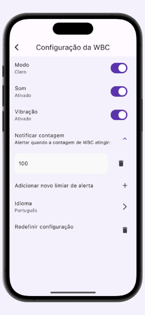 Leucogram | wbc counter - Pantalla de configuración de la aplicación del contador de GB de Leucogram que muestra configuraciones de sonido, vibración y umbral de alerta.