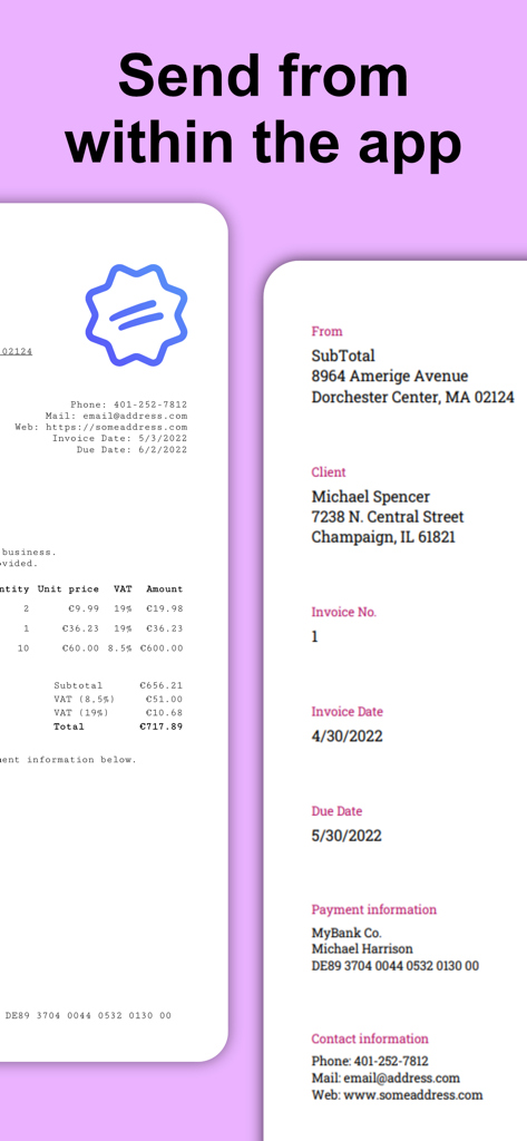 Invoice Maker: SubTotal - Dos plantillas de facturas profesionales mostradas dentro de la aplicación SubTotal