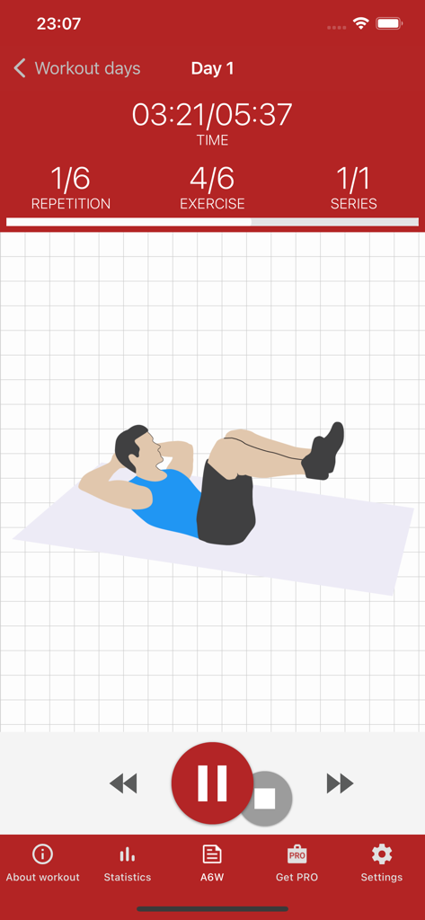Caynax A6W app interface showing a man performing an abdominal exercise with a workout timer and progress tracking.