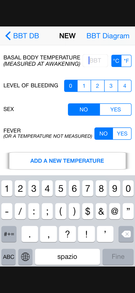 Basal Body Temperature Calc. - Une interface de saisie de données pour l'enregistrement quotidien de la température basale et des données de fertilité.