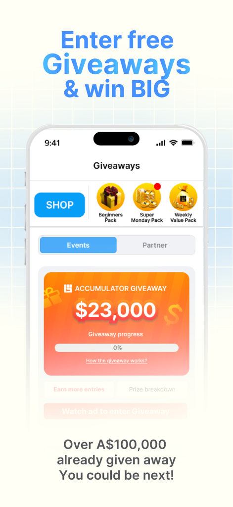 GuChat mobile app interface showing free giveaways and accumulator cash prizes