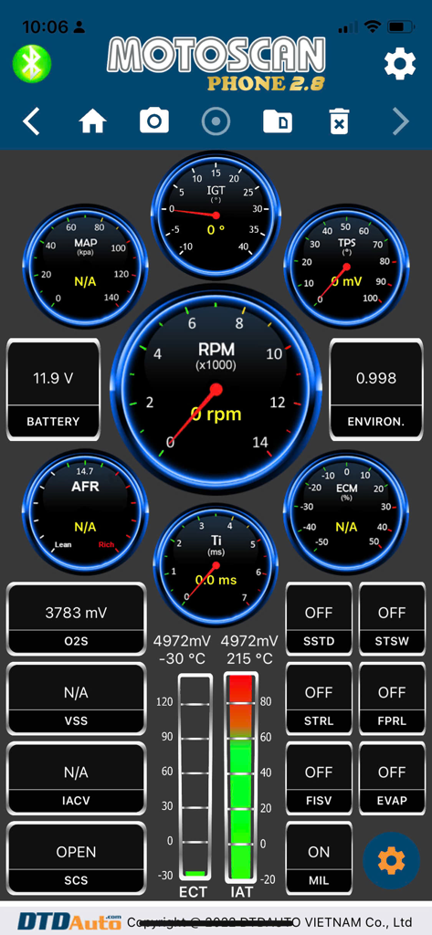 Motoscan Phone - Motoscan Phone app interface showing real time motorcycle engine diagnostic gauges and sensor data