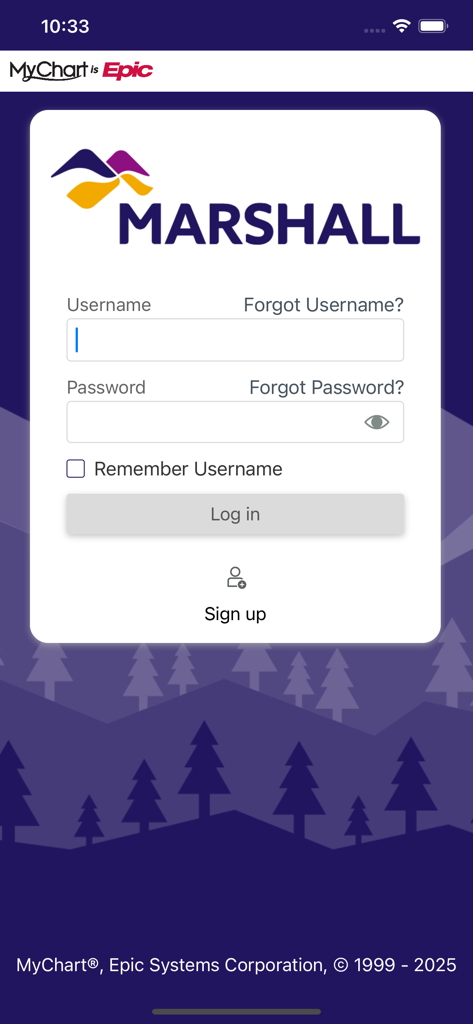 Marshall MyChart - Marshall MyChart app login screen showing username and password fields