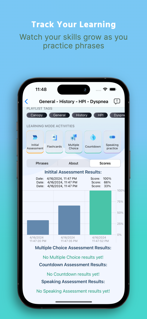 CanopySpeak Premium - CanopySpeak Premium app interface showing assessment results and learning progress tracking for medical phrases.