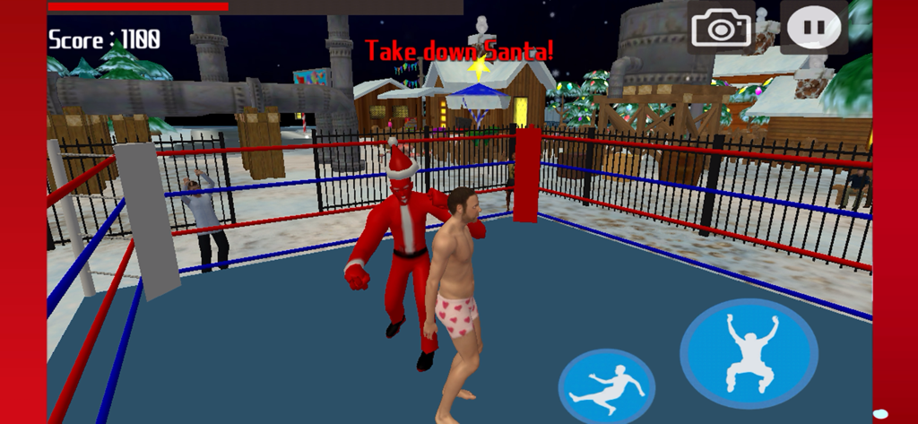 Christmas Simulator - A shirtless character facing Santa Claus in a wrestling ring during a mission in Christmas Simulator.
